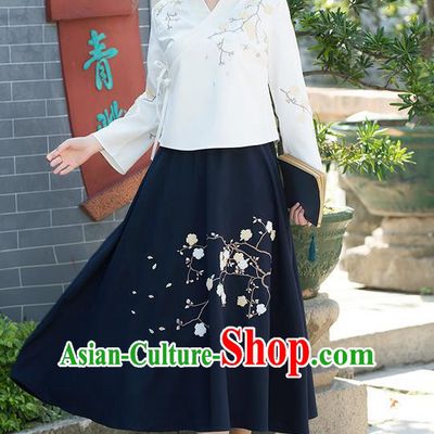 Traditional Chinese National Pleated Skirt Costume, Elegant Hanfu Embroidered Plum Blossom Long Navy Dress, China Tang Suit Bust Skirt for Women