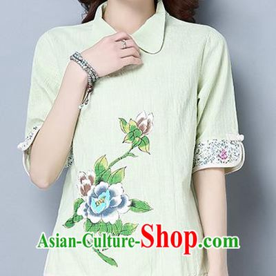 Traditional Ancient Chinese National Costume, Elegant Hanfu Linen Printing T-Shirt, China Tang Suit Blouse Cheongsam Qipao Shirts Clothing for Women