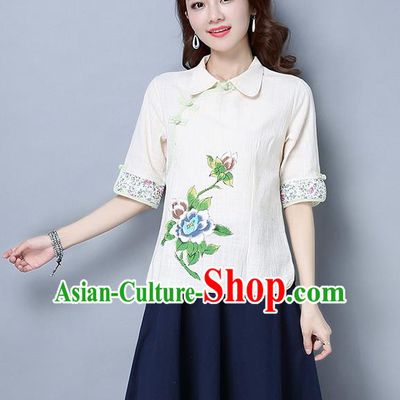 Traditional Ancient Chinese National Costume, Elegant Hanfu Linen Printing White T-Shirt, China Tang Suit Blouse Cheongsam Qipao Shirts Clothing for Women