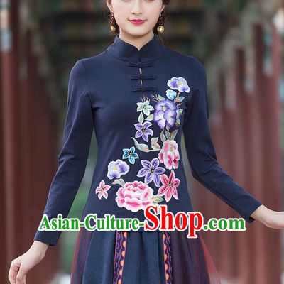 Traditional Chinese National Costume, Elegant Hanfu Embroidery Flowers Stand Collar Navy T-Shirt, China Tang Suit Plated Buttons Blouse Cheongsam Upper Outer Garment Qipao Shirts Clothing for Women