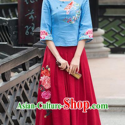 Traditional Ancient Chinese National Costume, Elegant Hanfu Linen Delicacy Embroidered Blue T-Shirt, China Tang Suit Mandarin Collar Blouse Cheongsam Qipao Shirts Clothing for Women