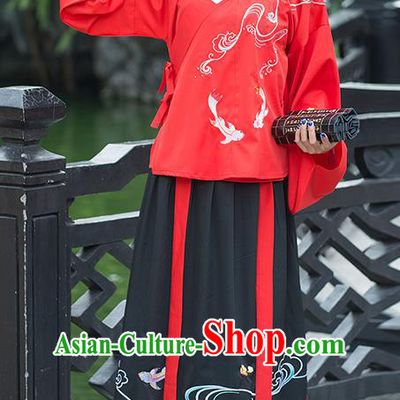 Traditional Ancient Chinese Costume, Elegant Hanfu Clothing Embroidered Fancy Carp Wide Sleeve Blouse and Dress, China Ming Dynasty Elegant Red Blouse and Ru Skirt Complete Set for Women