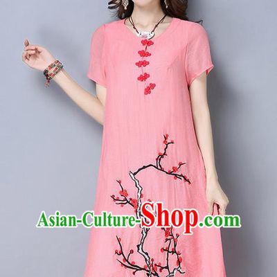 Traditional Ancient Chinese National Costume, Elegant Hanfu Mandarin Qipao Linen Hand Painting Plum Blossom Pink Dress, China Tang Suit Plate Buttons Cheongsam Upper Outer Garment Elegant Dress Clothing for Women