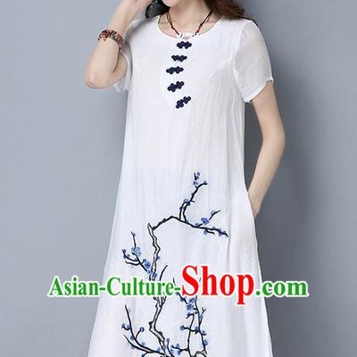 Traditional Ancient Chinese National Costume, Elegant Hanfu Mandarin Qipao Linen Hand Painting Plum Blossom White Dress, China Tang Suit Plate Buttons Cheongsam Upper Outer Garment Elegant Dress Clothing for Women