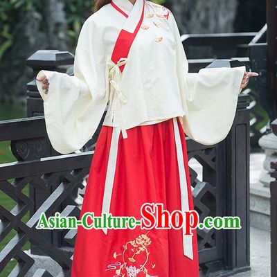 Traditional Ancient Chinese Costume, Elegant Hanfu Clothing Embroidered Ginkgo Leaf Sleeve Placket Blouse and Dress, China Ming Dynasty Elegant Blouse and Red Ru Skirt Complete Set for Women