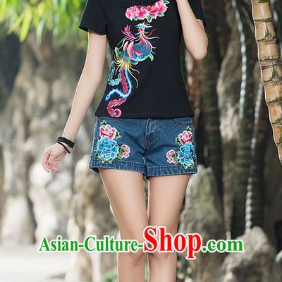 Traditional Chinese National Costume, Elegant Hanfu Embroidery Phoenix Round Collar Black T-Shirt, China Tang Suit Plated Buttons Blouse Cheongsam Upper Outer Garment Qipao Shirts Clothing for Women