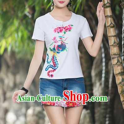 Traditional Chinese National Costume, Elegant Hanfu Embroidery Phoenix Round Collar White T-Shirt, China Tang Suit Plated Buttons Blouse Cheongsam Upper Outer Garment Qipao Shirts Clothing for Women