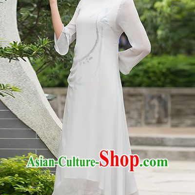 Traditional Ancient Chinese National Costume, Elegant Hanfu Mandarin Qipao Ink Painting Chiffon Dress, China Tang Suit Cheongsam Upper Outer Garment Elegant Dress Clothing for Women