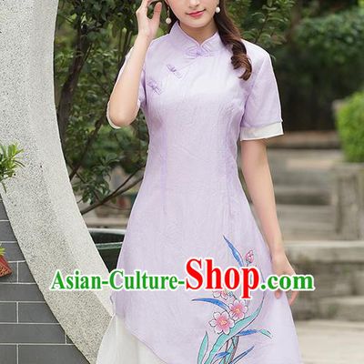 Traditional Ancient Chinese National Costume, Elegant Hanfu Print Orchild Flowers Madarin Qipao Dress, China Style Chirpaur Tang Suit Cheongsam Upper Outer Garment Elegant Dress Clothing for Women
