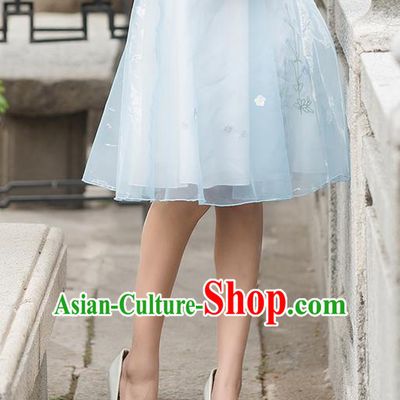 Traditional Ancient Chinese National Pleated Skirt Costume, Elegant Hanfu Embroidered Short Dress, China Tang Suit Blue Bust Skirt for Women
