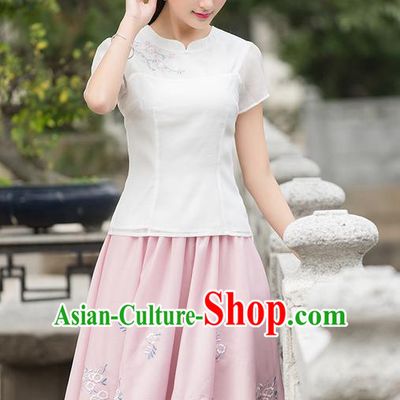 Traditional Ancient Chinese National Pleated Skirt Costume, Elegant Hanfu Embroidered Organza Long Dress, China Tang Suit Pink Bust Skirt for Women