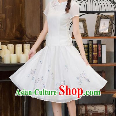 Traditional Ancient Chinese National Pleated Skirt Costume, Elegant Hanfu Embroidered Organza Long Dress, China Tang Suit White Bust Skirt for Women
