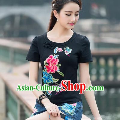 Traditional Chinese National Costume, Elegant Hanfu Embroidery Flowers Round Collar Black T-Shirt, China Tang Suit Plated Buttons Blouse Cheongsam Upper Outer Garment Shirts Clothing for Women