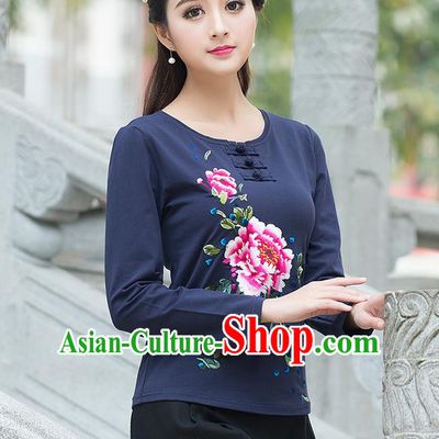 Traditional Chinese National Costume, Elegant Hanfu Embroidery Flowers Mandatin Collar Navy T-Shirt, China Tang Suit Plated Buttons Blouse Cheongsam Upper Outer Garment Qipao Shirts Clothing for Women
