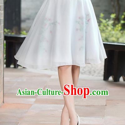 Traditional Ancient Chinese National Pleated Skirt Costume, Elegant Hanfu Embroidered Chiffon Short Dress, China Tang Suit White Bust Skirt for Women