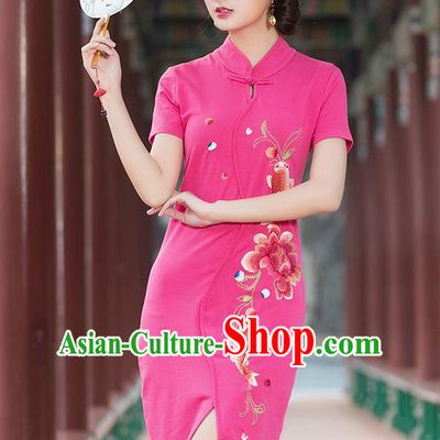 Traditional Ancient Chinese National Costume, Elegant Hanfu Stand Collar Mandarin Qipao Embroidered Pink Short Dress, China Tang Suit Cheongsam Upper Outer Garment Elegant Dress Clothing for Women