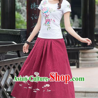 Traditional Ancient Chinese National Pleated Skirt Costume, Elegant Hanfu Embroidered Linen Long Red Dress, China Tang Suit Bust Skirt for Women