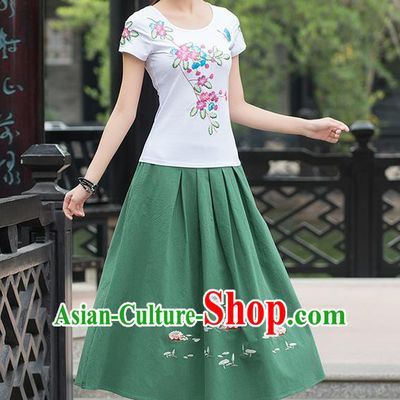Traditional Ancient Chinese National Pleated Skirt Costume, Elegant Hanfu Embroidered Linen Long Green Dress, China Tang Suit Big Swing Bust Skirt for Women