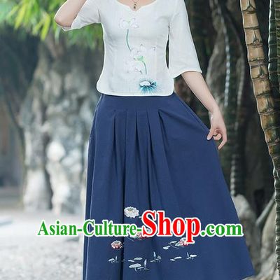 Traditional Ancient Chinese National Pleated Skirt Costume, Elegant Hanfu Embroidered Linen Long Navy Dress, China Tang Suit Big Swing Bust Skirt for Women