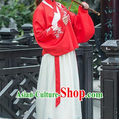 Traditional Ancient Chinese Costume, Elegant Hanfu Clothing Embroidered Red Blouse and Dress, China Han Dynasty Elegant Slant Opening Blouse and Skirt Complete Set for Women