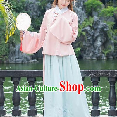 Traditional Ancient Chinese Costume, Elegant Hanfu Clothing Embroidered Sleeve Placket Pink Blouse and Dress, China Ming Dynasty Elegant Slant Opening Blouse and Skirt Complete Set for Women