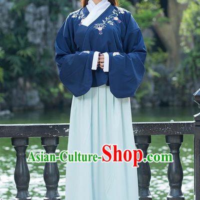 Traditional Ancient Chinese Costume, Elegant Hanfu Clothing Embroidered Sleeve Placket Blue Blouse and Dress, China Ming Dynasty Elegant Slant Opening Blouse and Skirt Complete Set for Women
