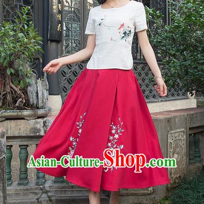 Traditional Ancient Chinese National Pleated Skirt Costume, Elegant Hanfu Embroidered Long Linen Dress, China Tang Suit Red Bust Skirt for Women