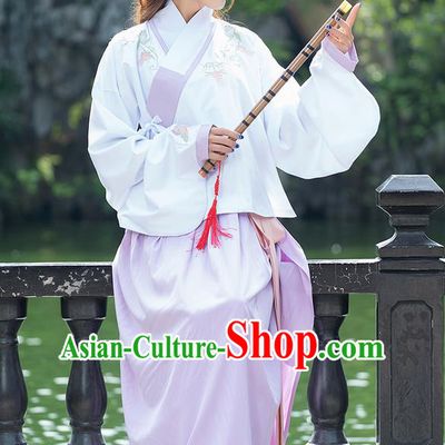 Traditional Ancient Chinese Costume, Elegant Hanfu Clothing Embroidered Sleeve Placket White Blouse and Dress, China Ming Dynasty Elegant Slant Opening Blouse and Skirt Complete Set for Women
