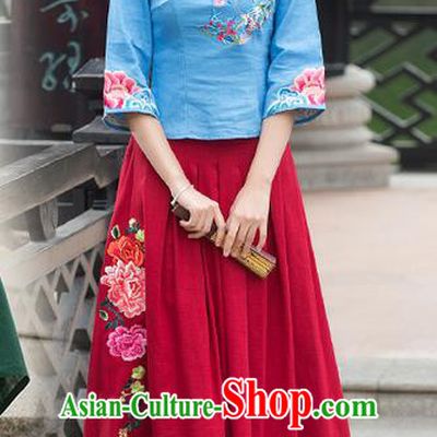 Traditional Ancient Chinese National Pleated Skirt Costume, Elegant Hanfu Embroidered Red Long Dress, China Tang Suit Palace Lady Big Swing Bust Skirt for Women