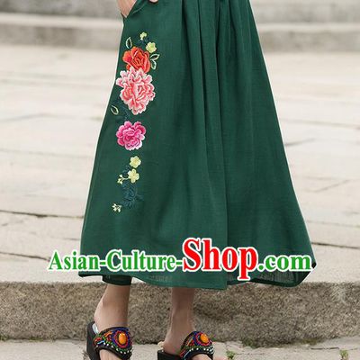 Traditional Ancient Chinese National Pleated Skirt Costume, Elegant Hanfu Embroidered Green Long Dress, China Tang Suit Palace Lady Big Swing Bust Skirt for Women