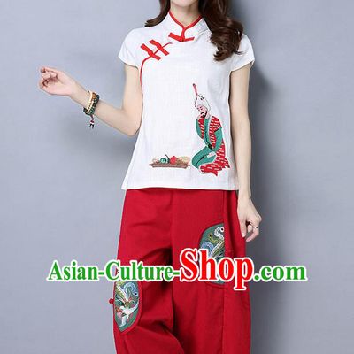 Traditional Chinese National Costume Plus Fours, Elegant Hanfu Embroidered Red Bloomers, China Ethnic Minorities Tang Suit Folk Dance Pantalettes for Women