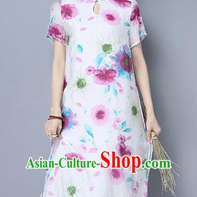 Traditional Ancient Chinese National Costume, Elegant Hanfu Mandarin Qipao Linen Hand Painting White Dress, China Tang Suit Republic of China Cheongsam Upper Outer Garment Elegant Dress Clothing for Women