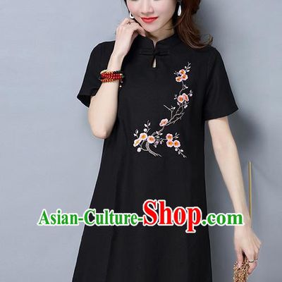 Traditional Ancient Chinese National Costume, Elegant Hanfu Mandarin Qipao Linen Embroidered Black Dress, China Tang Suit Chirpaur Republic of China Cheongsam Upper Outer Garment Elegant Dress Clothing for Women