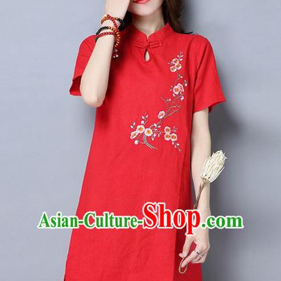 Traditional Ancient Chinese National Costume, Elegant Hanfu Mandarin Qipao Linen Embroidered Red Dress, China Tang Suit Chirpaur Republic of China Cheongsam Upper Outer Garment Elegant Dress Clothing for Women