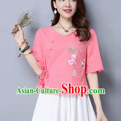 Traditional Chinese National Costume, Elegant Hanfu Embroidery Pink T-Shirt, China Tang Suit Republic of China Plated Buttons Blouse Cheongsam Upper Outer Garment Qipao Shirts Clothing for Women