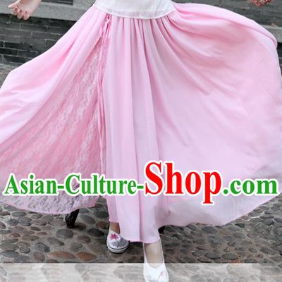 Traditional Ancient Chinese National Pleated Skirt Costume, Elegant Hanfu Chiffon Lace Long Dress, China Tang Suit Big Swing Pink Bust Skirt for Women