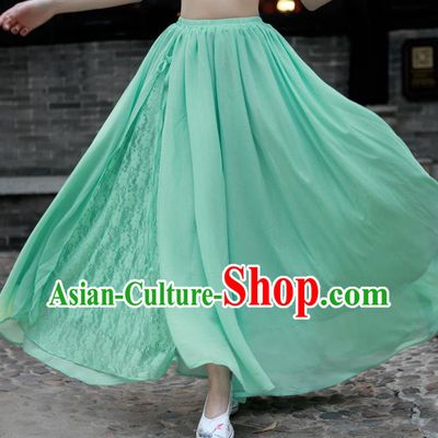 Traditional Ancient Chinese National Pleated Skirt Costume, Elegant Hanfu Chiffon Lace Long Dress, China Tang Suit Big Swing Green Bust Skirt for Women