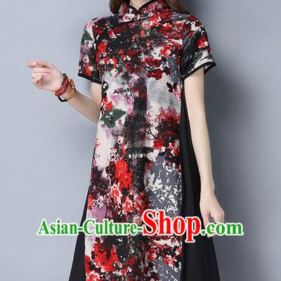 Traditional Ancient Chinese National Costume, Elegant Hanfu Mandarin Qipao Printing Dress, China Tang Suit Chirpaur Republic of China Cheongsam Upper Outer Garment Elegant Dress Clothing for Women