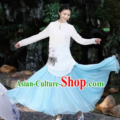 Traditional Ancient Chinese National Pleated Skirt Costume, Elegant Hanfu Chiffon Long Blue Dress, China Tang Dynasty Bust Skirt for Women