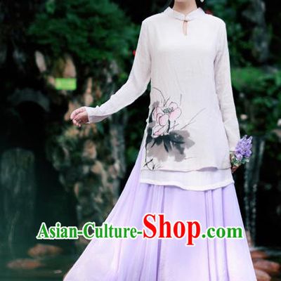 Traditional Ancient Chinese National Pleated Skirt Costume, Elegant Hanfu Chiffon Long Purple Dress, China Tang Dynasty Bust Skirt for Women