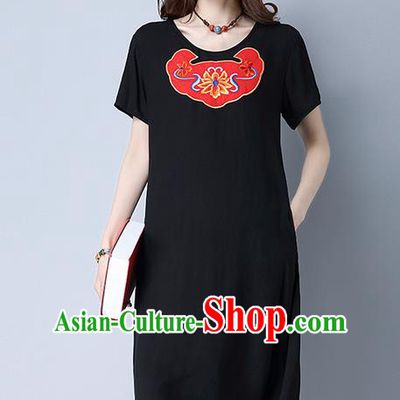 Traditional Ancient Chinese National Costume, Elegant Hanfu Mandarin Qipao Linen Patch Embroidery Black Dress, China Tang Suit Chirpaur Republic of China Cheongsam Upper Outer Garment Elegant Dress Clothing for Women