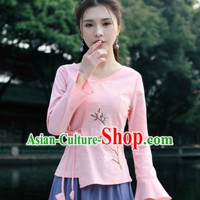 Traditional Chinese National Costume, Elegant Hanfu Slant Opening Print Peach Blossom Pink Shirt, China Tang Suit Republic of China Blouse Cheongsam Upper Outer Garment Qipao Shirts Clothing for Women