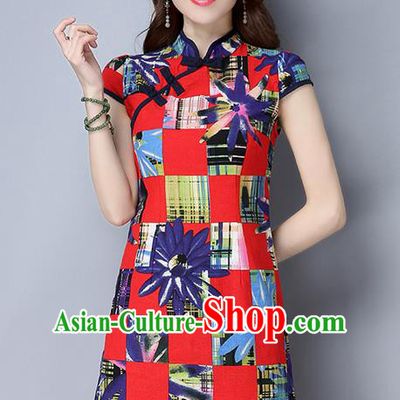 Traditional Ancient Chinese National Costume, Elegant Hanfu Mandarin Qipao Stand Collar Red Dress, China Tang Suit Chirpaur Republic of China Cheongsam Upper Outer Garment Elegant Dress Clothing for Women