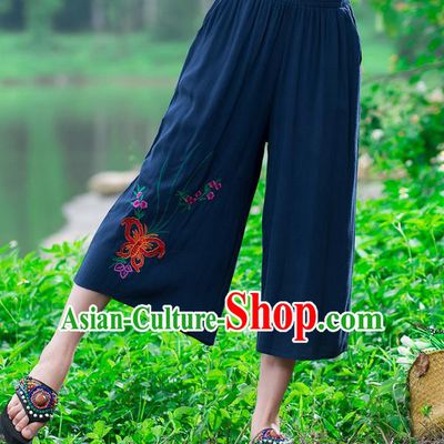 Traditional Chinese National Costume Loose Pants, Elegant Hanfu Embroidered Butterfly Navy Wide-leg Trousers, China Ethnic Minorities Folk Dance Baggy Pants for Women