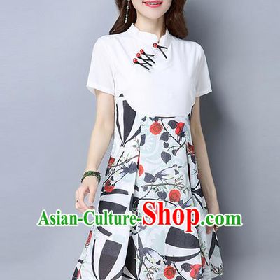 Traditional Ancient Chinese National Costume, Elegant Hanfu Mandarin Collar Stitching Color Matching White Dress, China Cheongsam Upper Outer Garment Elegant Dress Clothing for Women