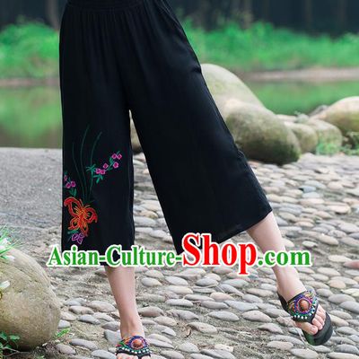 Traditional Chinese National Costume Loose Pants, Elegant Hanfu Embroidered Butterfly Black Wide-leg Trousers, China Ethnic Minorities Folk Dance Baggy Pants for Women