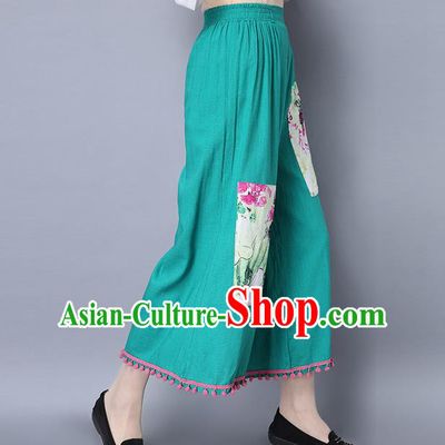 Traditional Chinese National Costume Loose Pants, Elegant Hanfu Green Wide-leg Trousers, China Ethnic Minorities Folk Dance Baggy Pants for Women