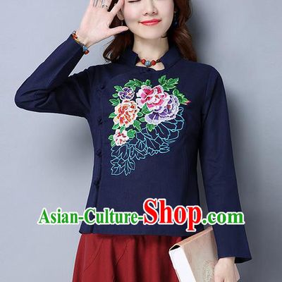 Traditional Chinese National Costume, Elegant Hanfu Embroidery Slant Opening Stand Collar Navy T-Shirt, China Tang Suit Republic of China Plated Buttons Blouse Cheongsam Upper Outer Garment Qipao Shirts Clothing for Women