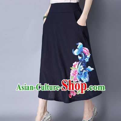 Traditional Ancient Chinese National Pleated Skirt Costume, Elegant Hanfu Linen Embroidery Long Navy Dress, China Tang Dynasty Bust Skirt for Women