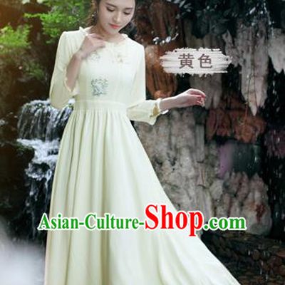 Traditional Ancient Chinese National Costume, Elegant Hanfu Linen Embroidery Apricot Dress, China Tang Suit Chirpaur Republic of China Cheongsam Upper Outer Garment Elegant Dress Clothing for Women